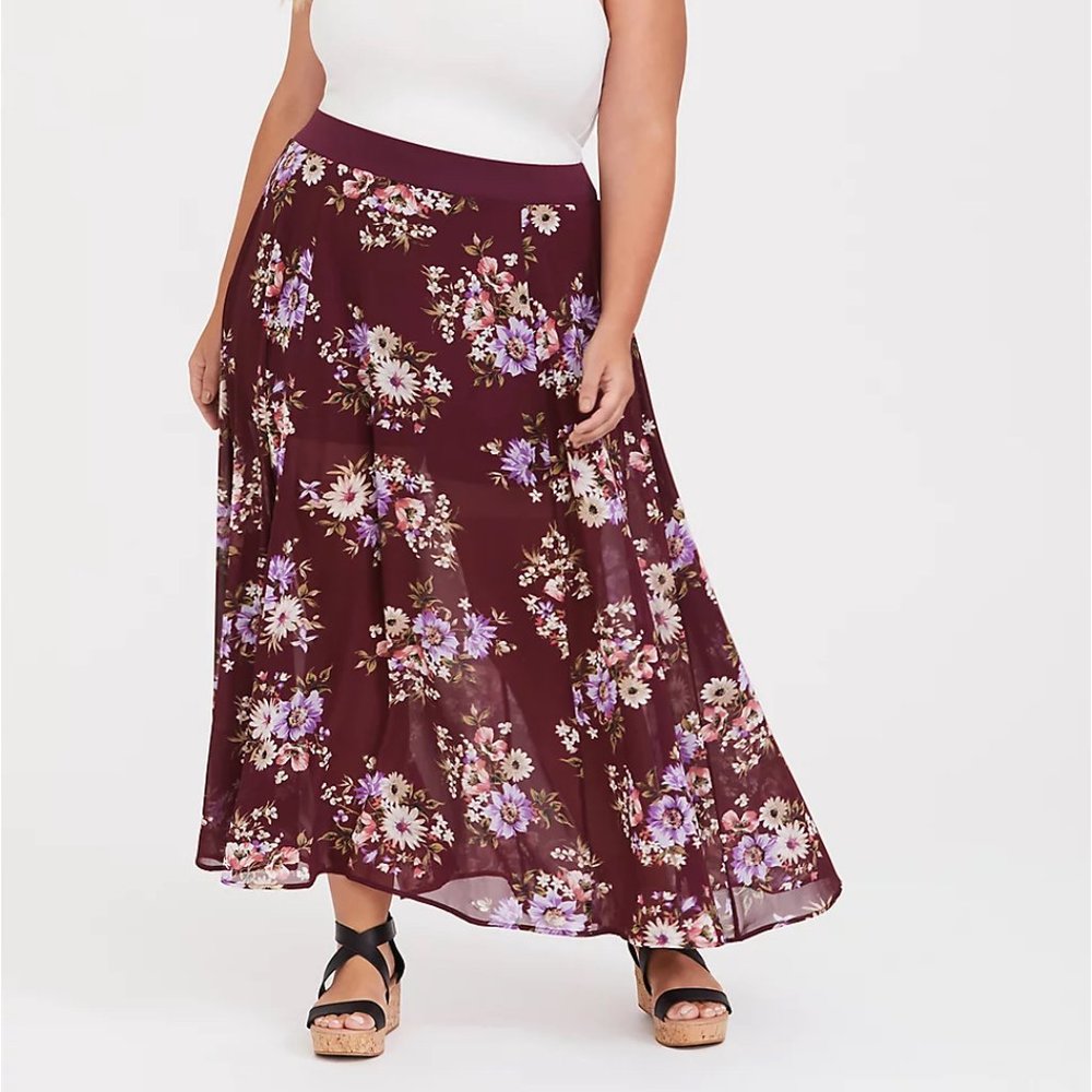 Red Wine Floral Chiffon Skirt